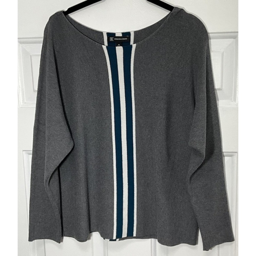 NWT INC International Concepts Dolman Sleeve Sweater Gray Stripe Pullover SZ L